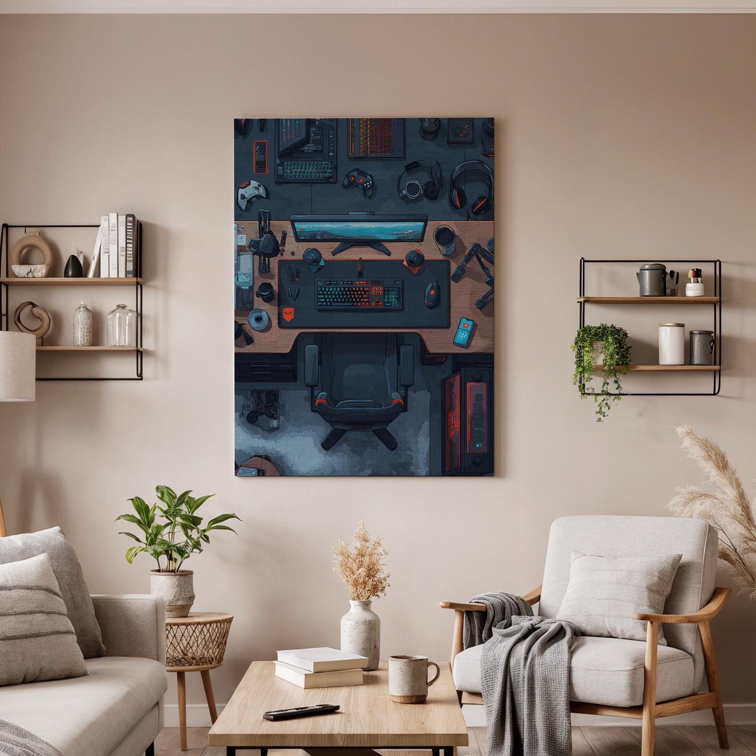 Gamer Desk Canvas Wall Art, Modern Gaming Setup Artwork, VR Gaming Room Decor, Tech-Inspired Gaming Office Art, Gaming Workspace Canvas