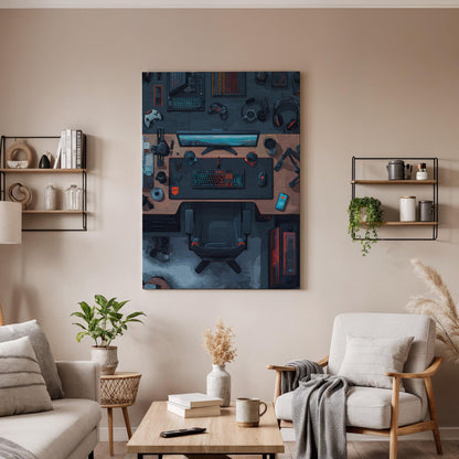 Gamer Desk Canvas Wall Art, Modern Gaming Setup Artwork, VR Gaming Room Decor, Tech-Inspired Gaming Office Art, Gaming Workspace Canvas