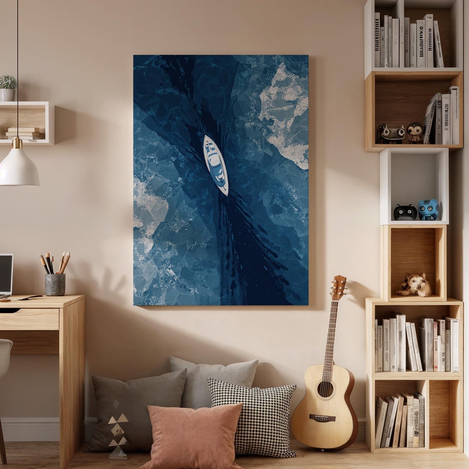 Boat on Water Canvas Wall Art, Aerial View of Boat on Water, Minimalist Ocean Canvas Decor, Boating Adventure Wall Art, Abstract Ocean Art