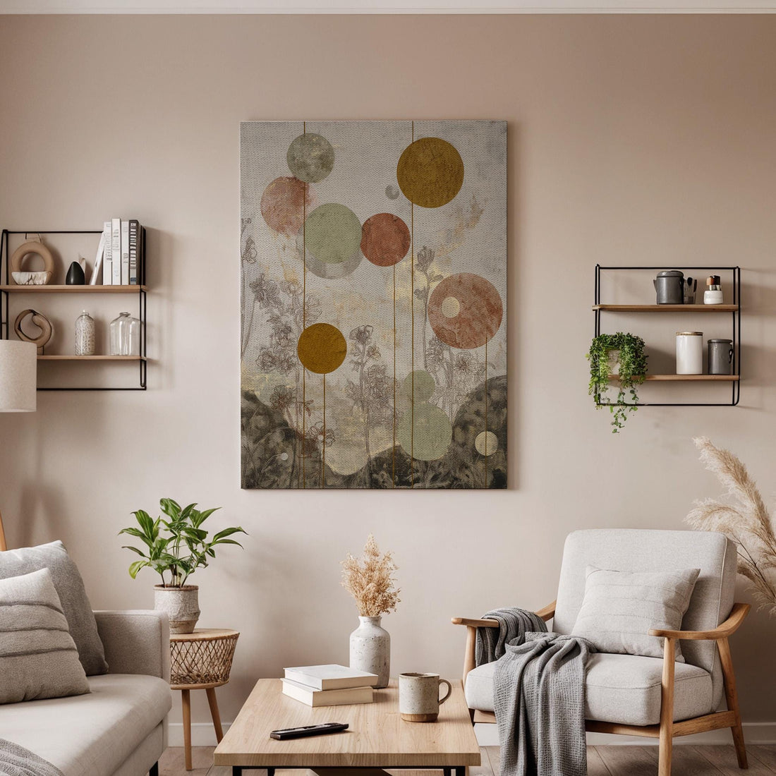 Abstract Geometric Canvas, Boho Circle Wall Art, Neutral Earth Tone Canvas Decor, Modern Minimalist Artwork, Contemporary Living Room  Decor