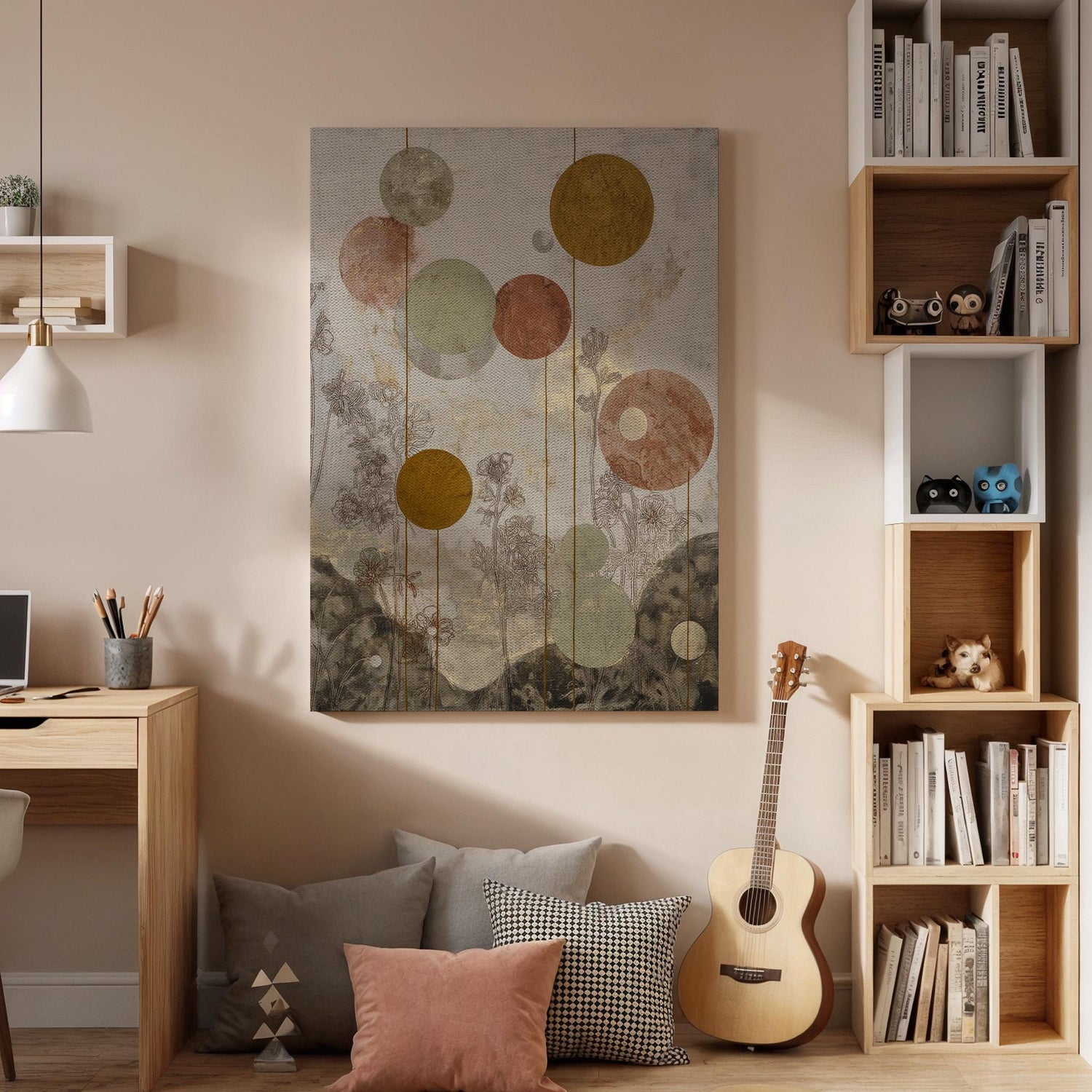 Abstract Geometric Canvas, Boho Circle Wall Art, Neutral Earth Tone Canvas Decor, Modern Minimalist Artwork, Contemporary Living Room  Decor