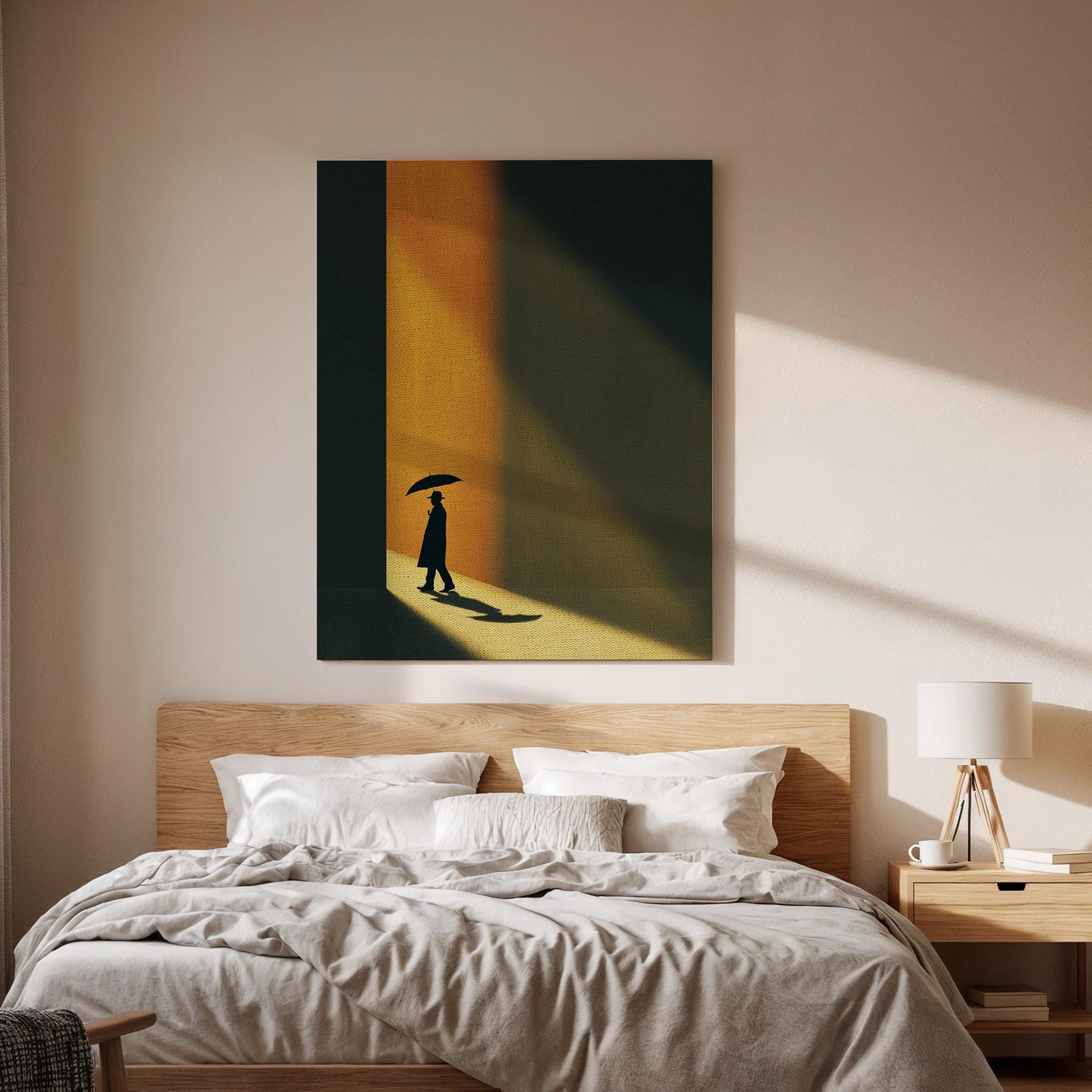 Minimalist Shadow Canvas, Umbrella Silhouette Wall Art, Modern Moody Canvas Decor, Cinematic Light Artwork, Contemporary Living Room Decor