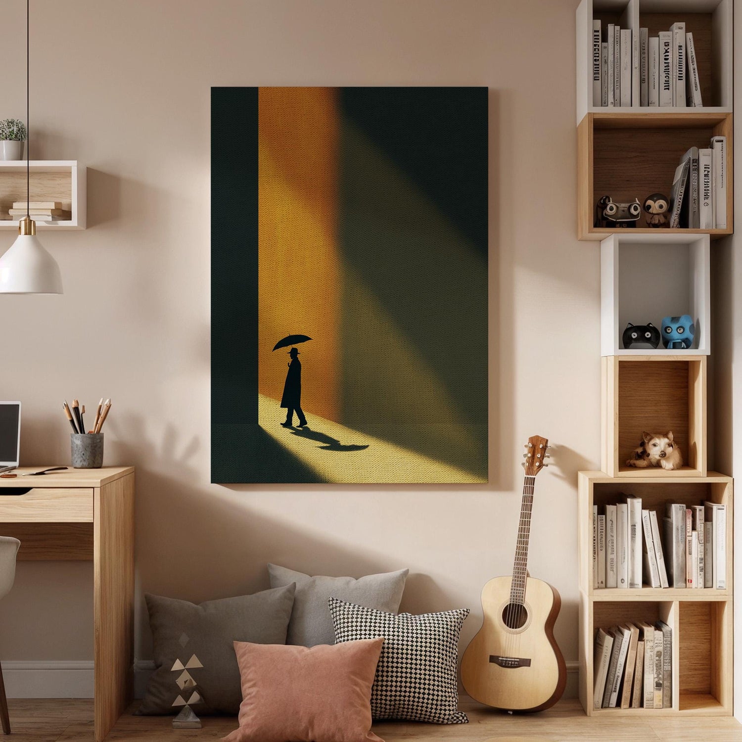 Minimalist Shadow Canvas, Umbrella Silhouette Wall Art, Modern Moody Canvas Decor, Cinematic Light Artwork, Contemporary Living Room Decor