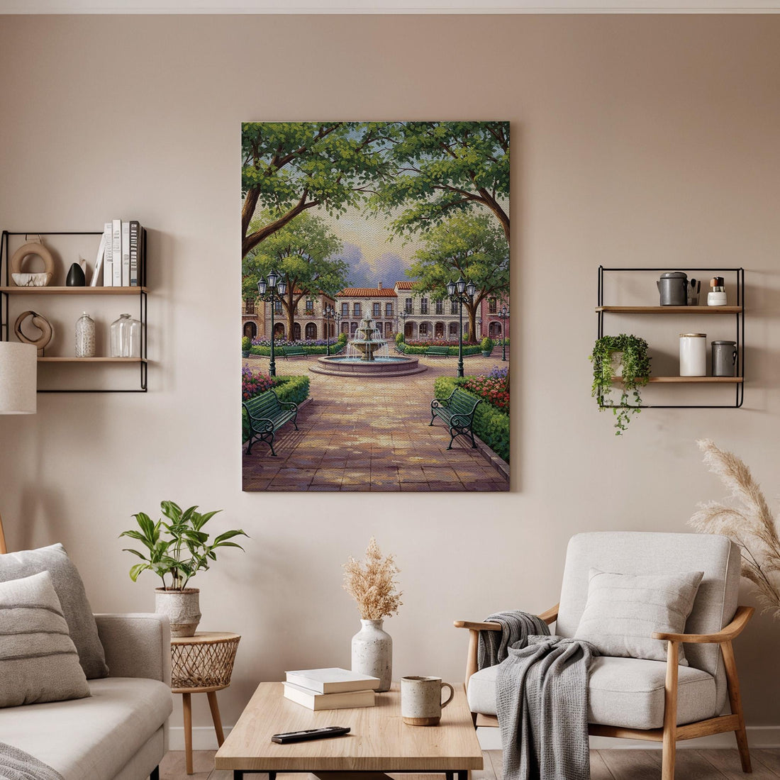 European Park Canvas, Vintage Town Square Wall Art, Romantic Garden Canvas Decor, Classic City Landscape Artwork, Elegant Living Room Decor