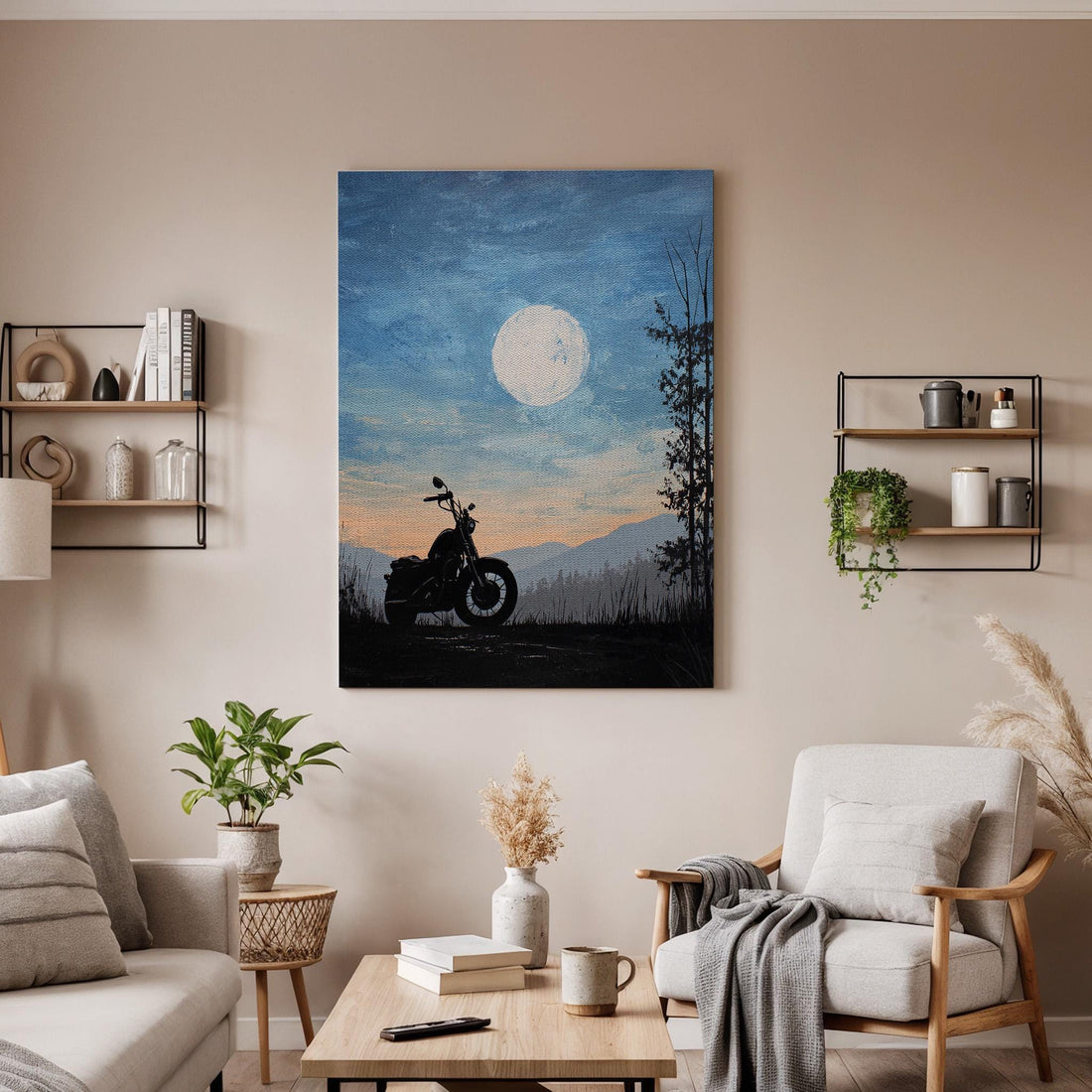 Motorcycle Moon Canvas, Biker Landscape Wall Art, Night Rider Canvas Decor, Vintage Motorcycle Artwork, Modern Garage Wall Decor, Man Art