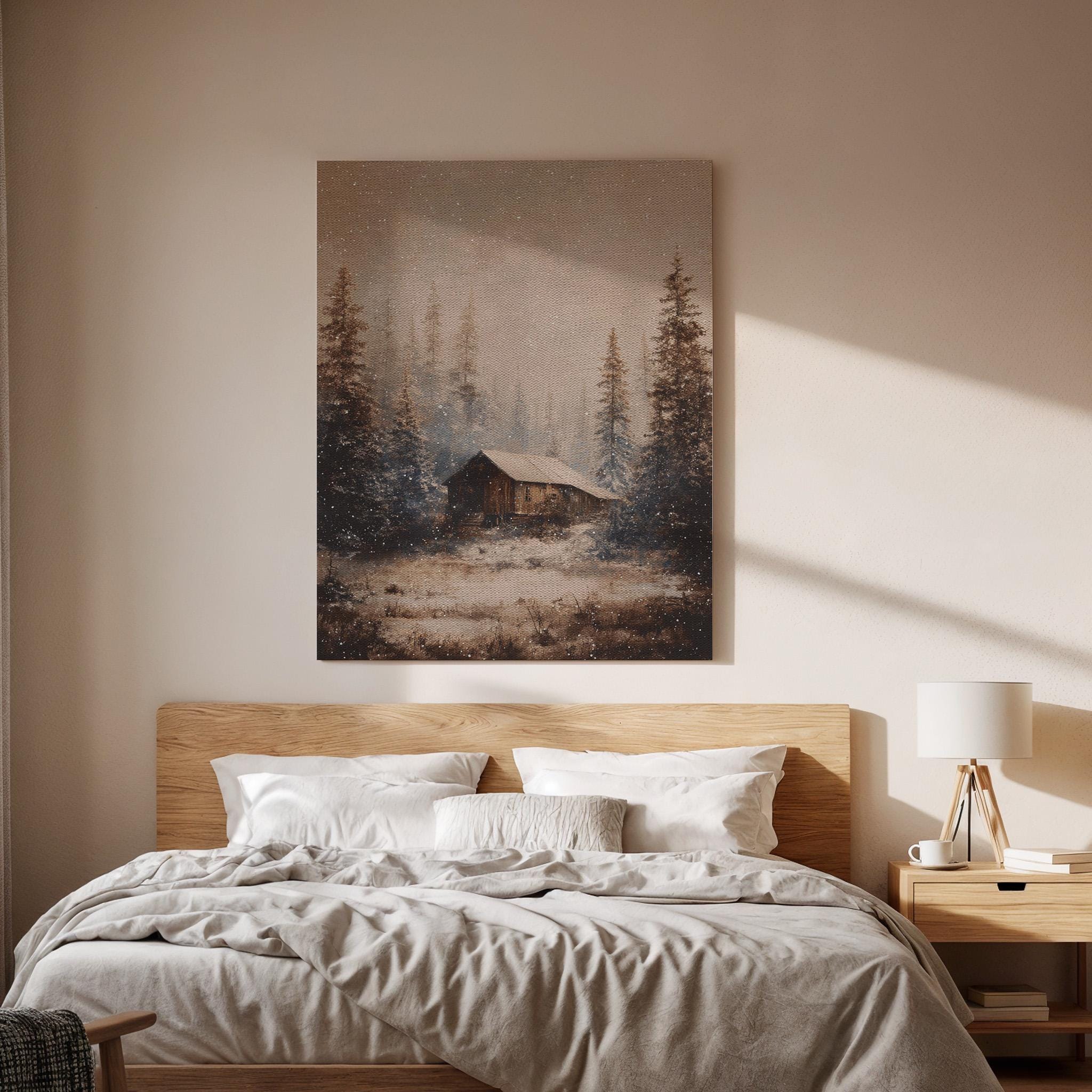 Winter Cabin Canvas, Rustic Forest Wall Art, Snowy Cabin Canvas Decor, Cozy Woodland Artwork, Nature Landscape Wall Decor, New Home Gift