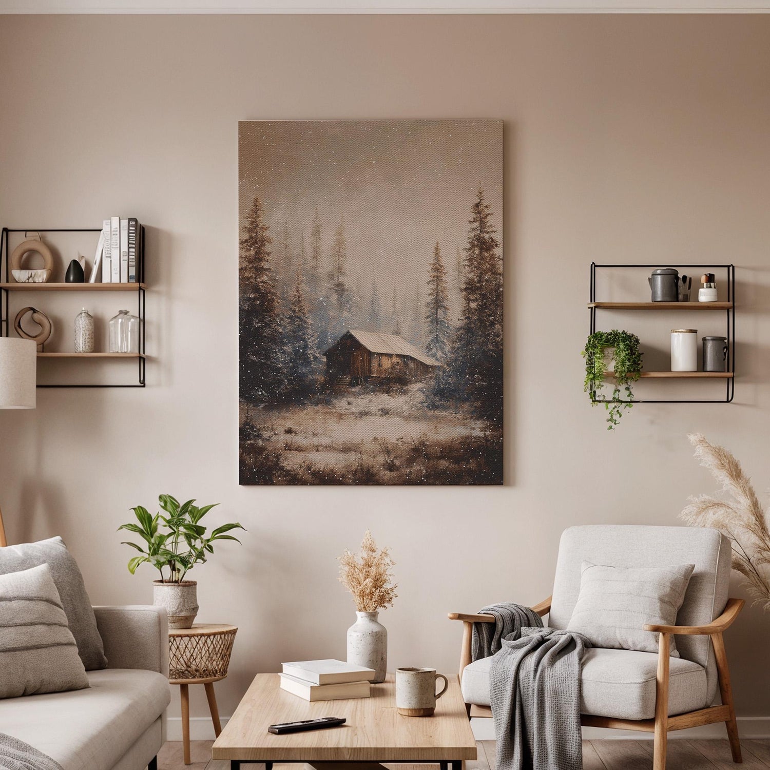 Winter Cabin Canvas, Rustic Forest Wall Art, Snowy Cabin Canvas Decor, Cozy Woodland Artwork, Nature Landscape Wall Decor, New Home Gift