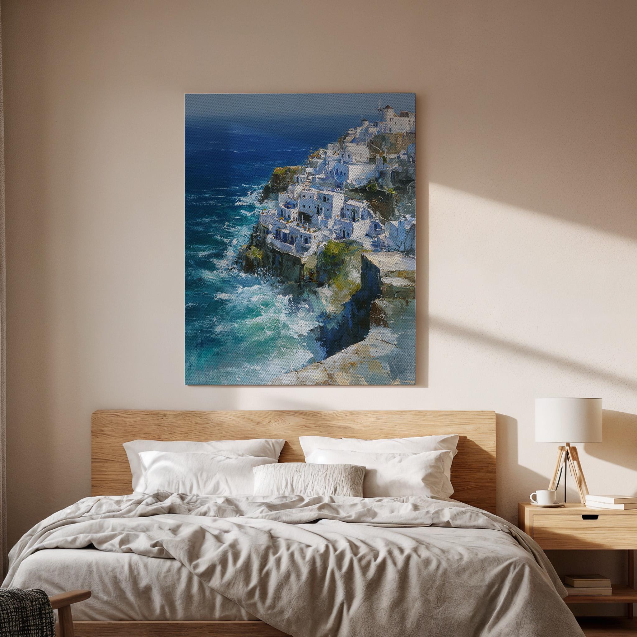 Coastal Village Canvas, Mediterranean Wall Art, Seaside Cliff Canvas Decor, Ocean Landscape Artwork, Santorini Style Wall Decor, Home Art