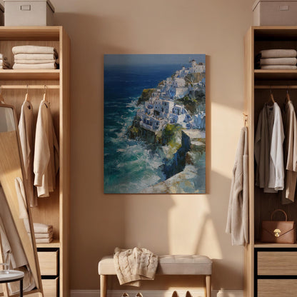 Coastal Village Canvas, Mediterranean Wall Art, Seaside Cliff Canvas Decor, Ocean Landscape Artwork, Santorini Style Wall Decor, Home Art