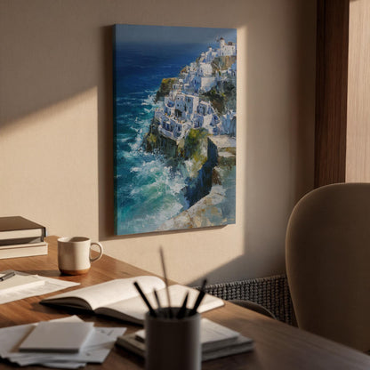 Coastal Village Canvas, Mediterranean Wall Art, Seaside Cliff Canvas Decor, Ocean Landscape Artwork, Santorini Style Wall Decor, Home Art