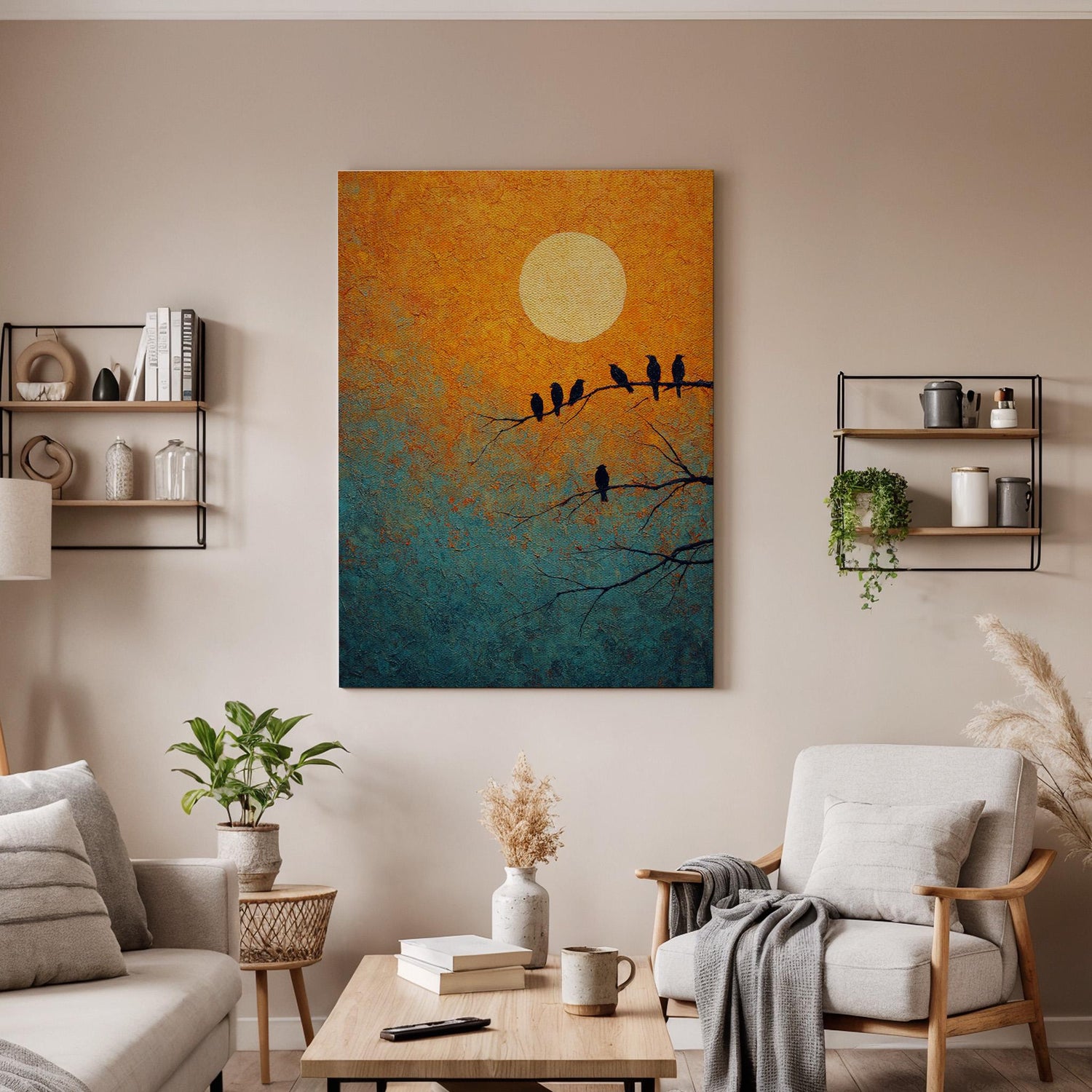 Moon Bird Canvas, Sunset Bird Wall Art, Minimalist Nature Canvas Decor, Bird Silhouette Artwork, Modern Nature Wall Decor, Canvas Wall Art