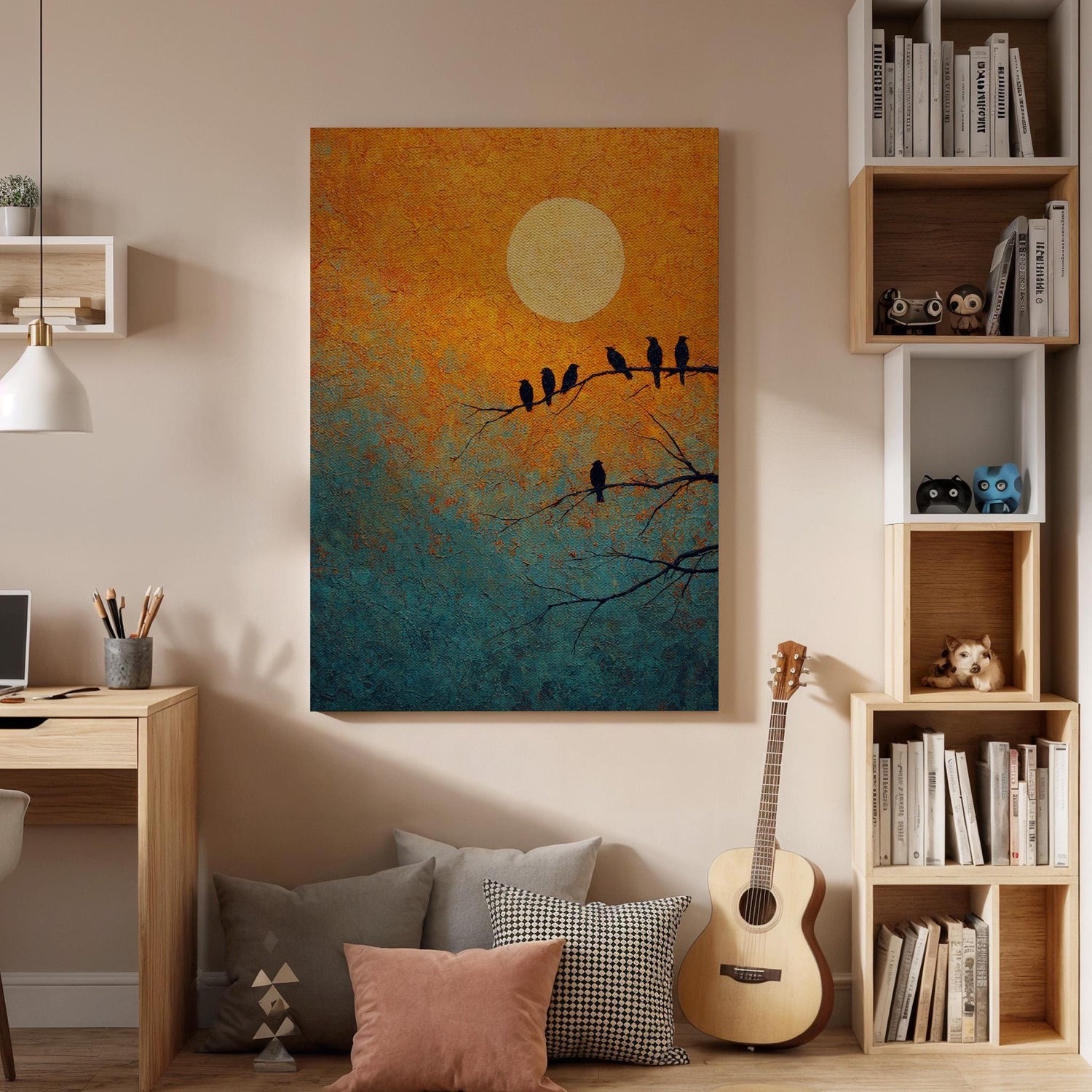 Moon Bird Canvas, Sunset Bird Wall Art, Minimalist Nature Canvas Decor, Bird Silhouette Artwork, Modern Nature Wall Decor, Canvas Wall Art