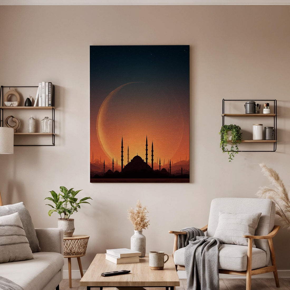 Mosque Moon Canvas, Islamic Wall Art, Crescent Moon Mosque Canvas Decor, Ramadan Islamic Artwork, Spiritual Skyline Wall Decor, New Home Art
