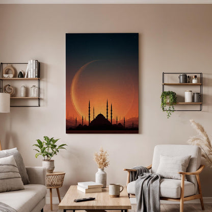Mosque Moon Canvas, Islamic Wall Art, Crescent Moon Mosque Canvas Decor, Ramadan Islamic Artwork, Spiritual Skyline Wall Decor, New Home Art