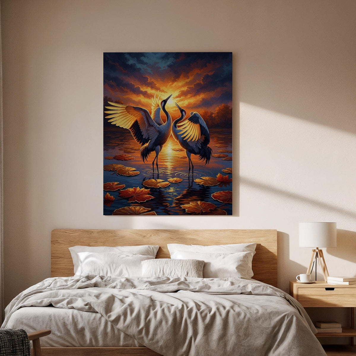 Crane Bird Canvas, Sunset Crane Wall Art, Dancing Crane Canvas Decor, Wildlife Nature Artwork, Elegant Bird Wall Decor, Canvas Wall Art