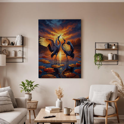 Crane Bird Canvas, Sunset Crane Wall Art, Dancing Crane Canvas Decor, Wildlife Nature Artwork, Elegant Bird Wall Decor, Canvas Wall Art