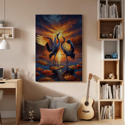 Crane Bird Canvas, Sunset Crane Wall Art, Dancing Crane Canvas Decor, Wildlife Nature Artwork, Elegant Bird Wall Decor, Canvas Wall Art