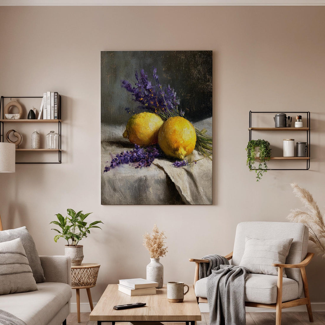 Lemon Lavender Canvas Wall Art, Rustic Kitchen Still Life Canvas Decor, Lemon Fruit Painting Artwork, Vintage Kitchen Wall Decor, Home Art