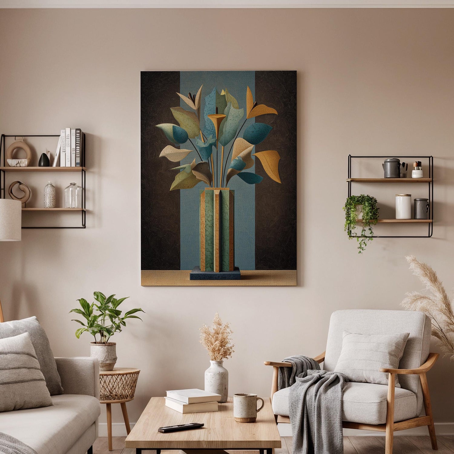 Abstract Floral Vase Canvas, Geometric Flower Canvas Wall Art, Modern Botanical Artwork, Contemporary Vase Flower Decor, Canvas Wall Art