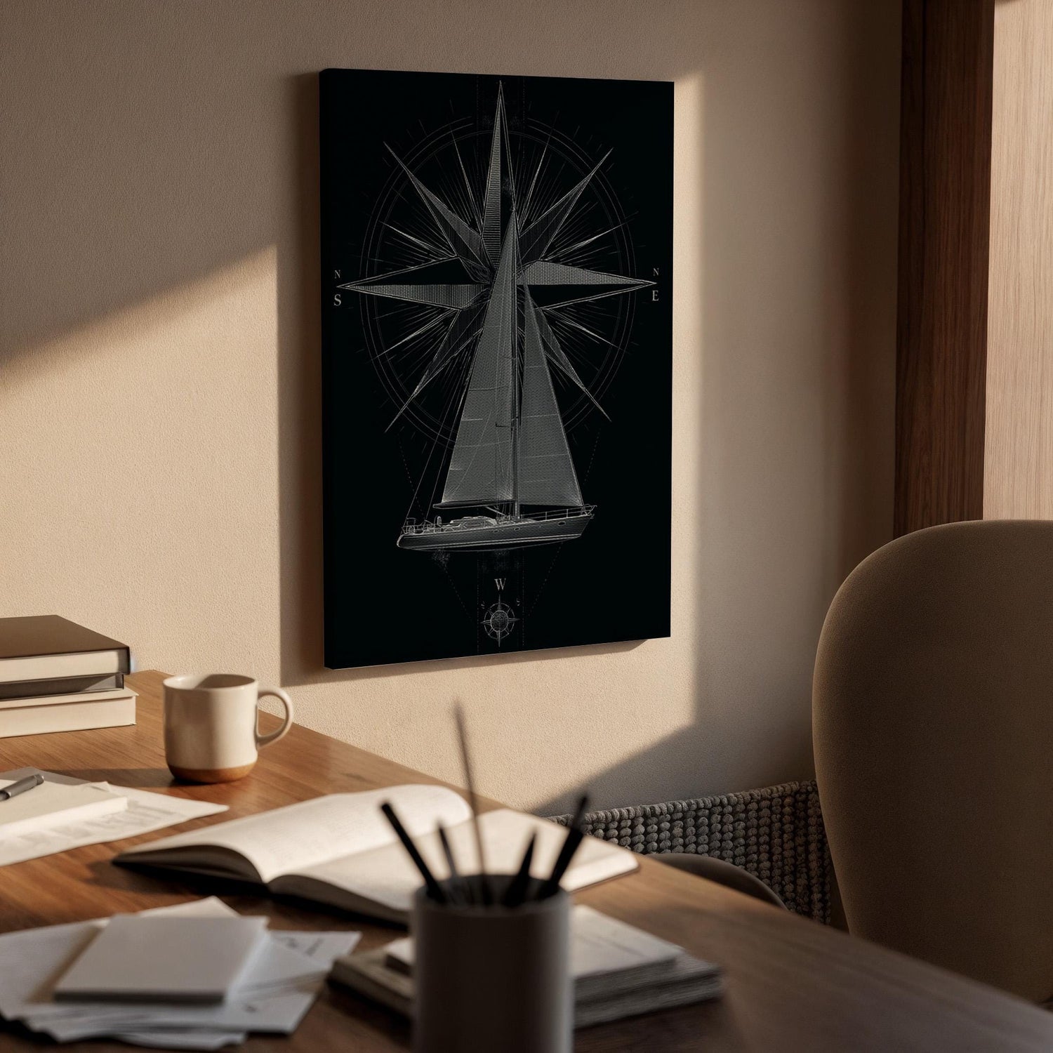 Sailboat Compass Canvas, Nautical Sailboat Wall Art, Maritime Navigation Canvas Decor, Sailing Boat Artwork, Ocean Compass Wall Decor