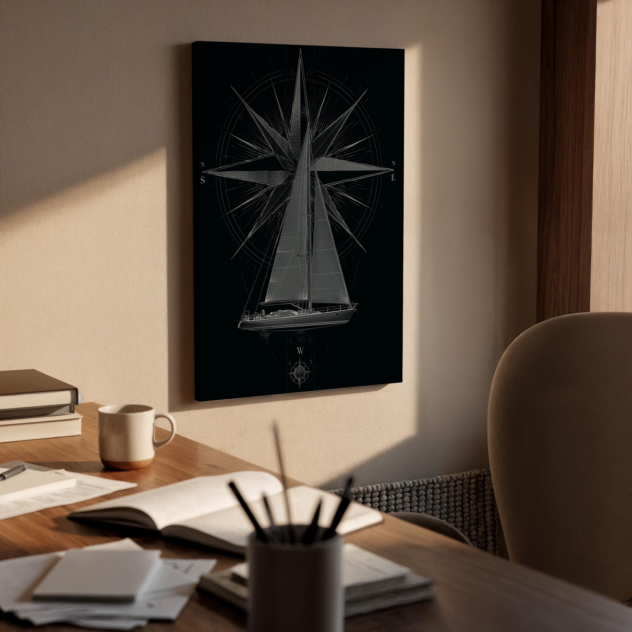 Sailboat Compass Canvas, Nautical Sailboat Wall Art, Maritime Navigation Canvas Decor, Sailing Boat Artwork, Ocean Compass Wall Decor