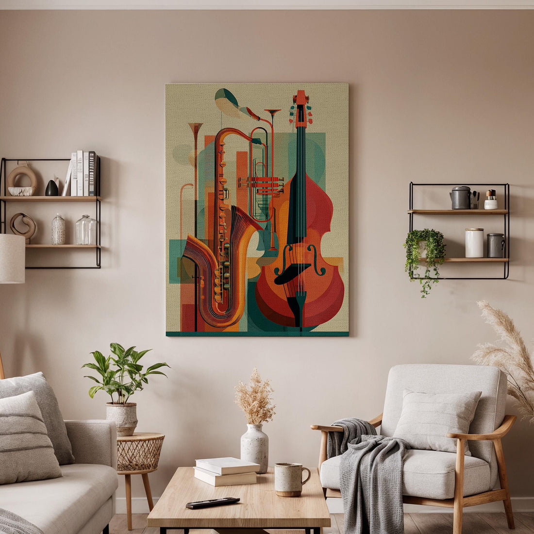 Jazz Instrument Canvas Wall Art, Abstract Music Instrument Canvas Decor, Saxophone Trumpet Bass Artwork, Modern Music Wall Decor, Home Art