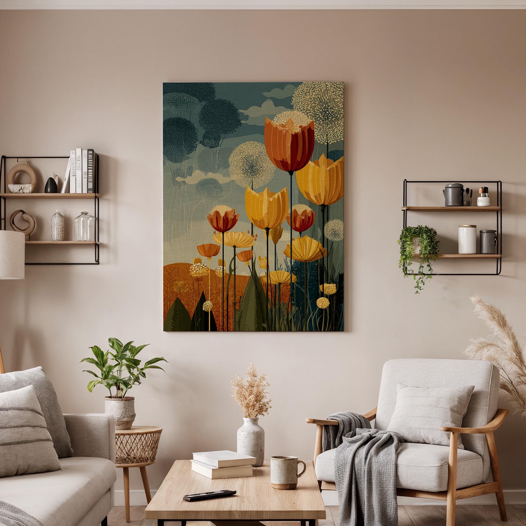 Floral Landscape Canvas Wall Art, Modern Flower Field Canvas Decor, Abstract Botanical Canvas Artwork, Nature Inspired Wall Decor, Home Art