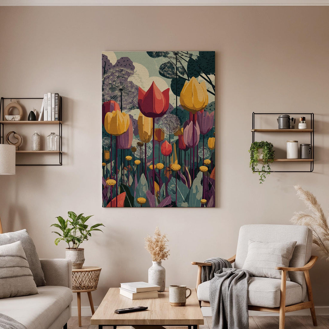 Colorful Tulip Garden Canvas Wall Art, Botanical Flower Field Canvas Decor, Abstract Floral Landscape Canvas Artwork, Nature Wall Decor