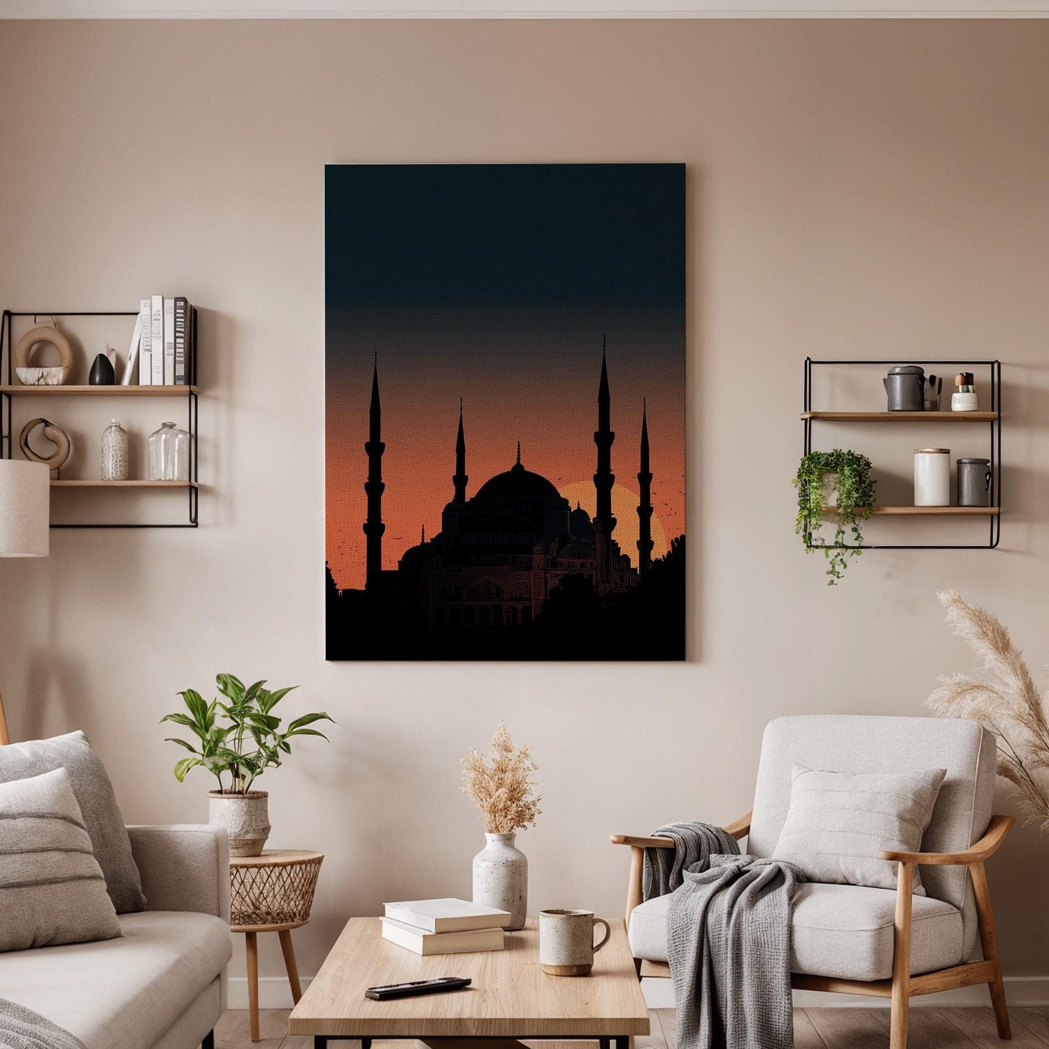 Blue Mosque Sunset Canvas Wall Art, Istanbul Skyline Canvas Decor, Hagia Sophia Style Mosque Silhouette Artwork, Islamic Architecture Art