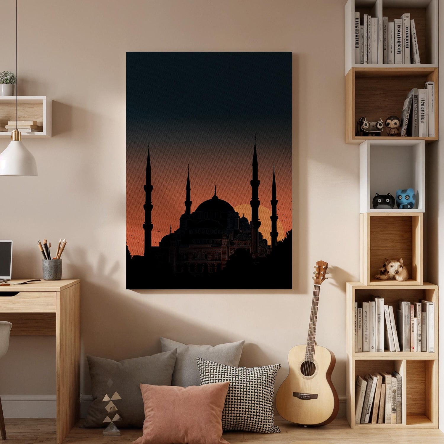 Blue Mosque Sunset Canvas Wall Art, Istanbul Skyline Canvas Decor, Hagia Sophia Style Mosque Silhouette Artwork, Islamic Architecture Art