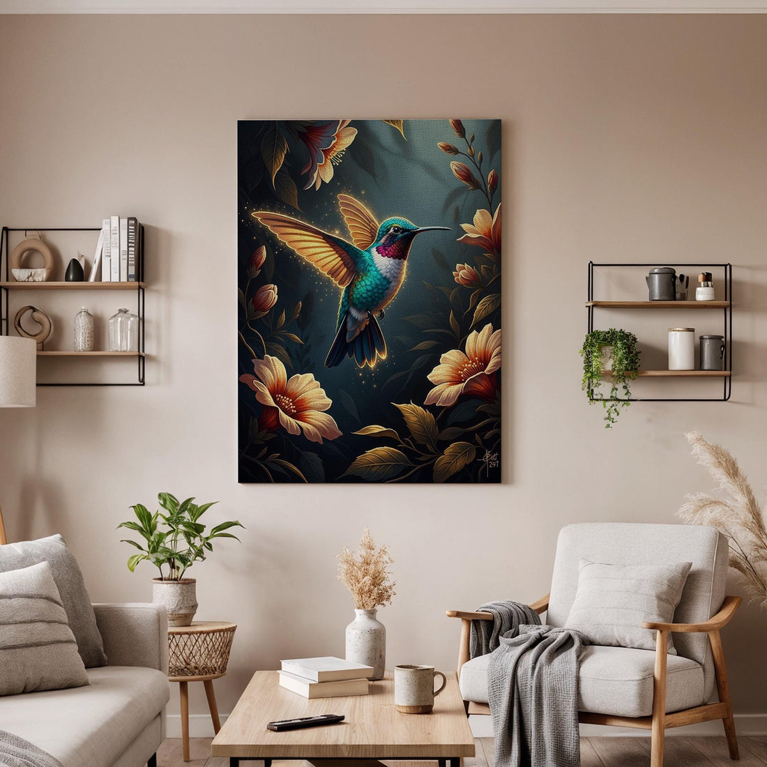 Hummingbird Canvas Wall Art, Colorful Bird and Floral Canvas Decor, Nature Inspired Hummingbird Artwork, Botanical Bird Wall Decor