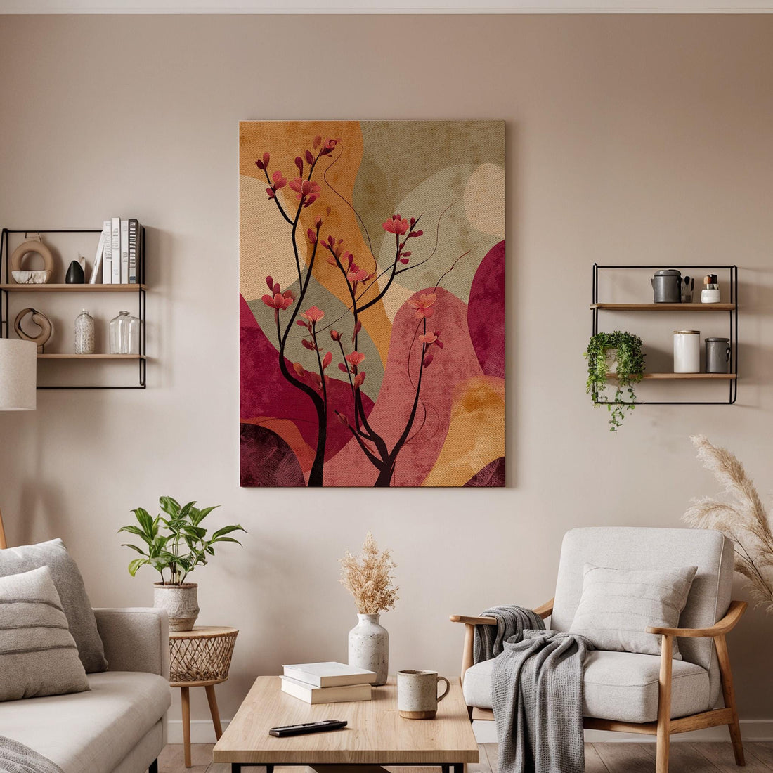 Abstract Floral Canvas Wall Art, Pink Blossom Branch Canvas Decor, Modern Botanical Canvas Artwork, Minimal Nature Wall Decor, New Home Gift