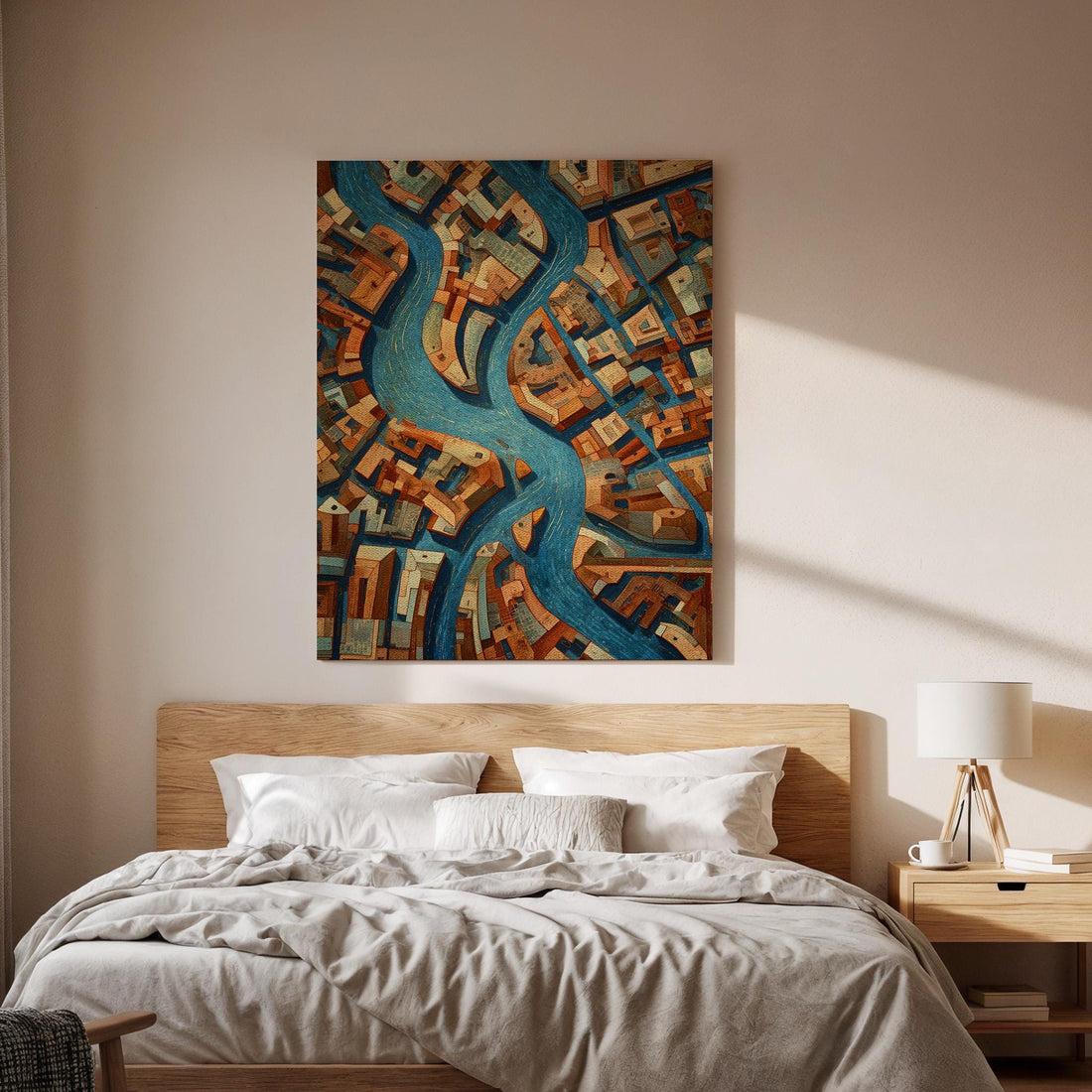 Abstract City Map Canvas Wall Art, Modern Aerial City Canvas Decor, Urban River Map Artwork, Geometric Cityscape Wall Decor, New Home Gift
