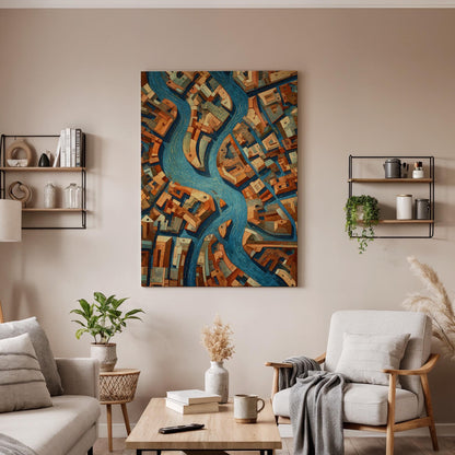 Abstract City Map Canvas Wall Art, Modern Aerial City Canvas Decor, Urban River Map Artwork, Geometric Cityscape Wall Decor, New Home Gift