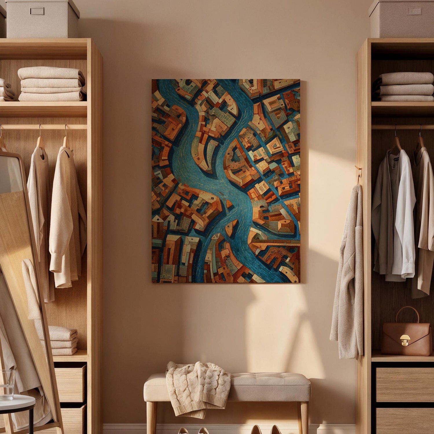 Abstract City Map Canvas Wall Art, Modern Aerial City Canvas Decor, Urban River Map Artwork, Geometric Cityscape Wall Decor, New Home Gift