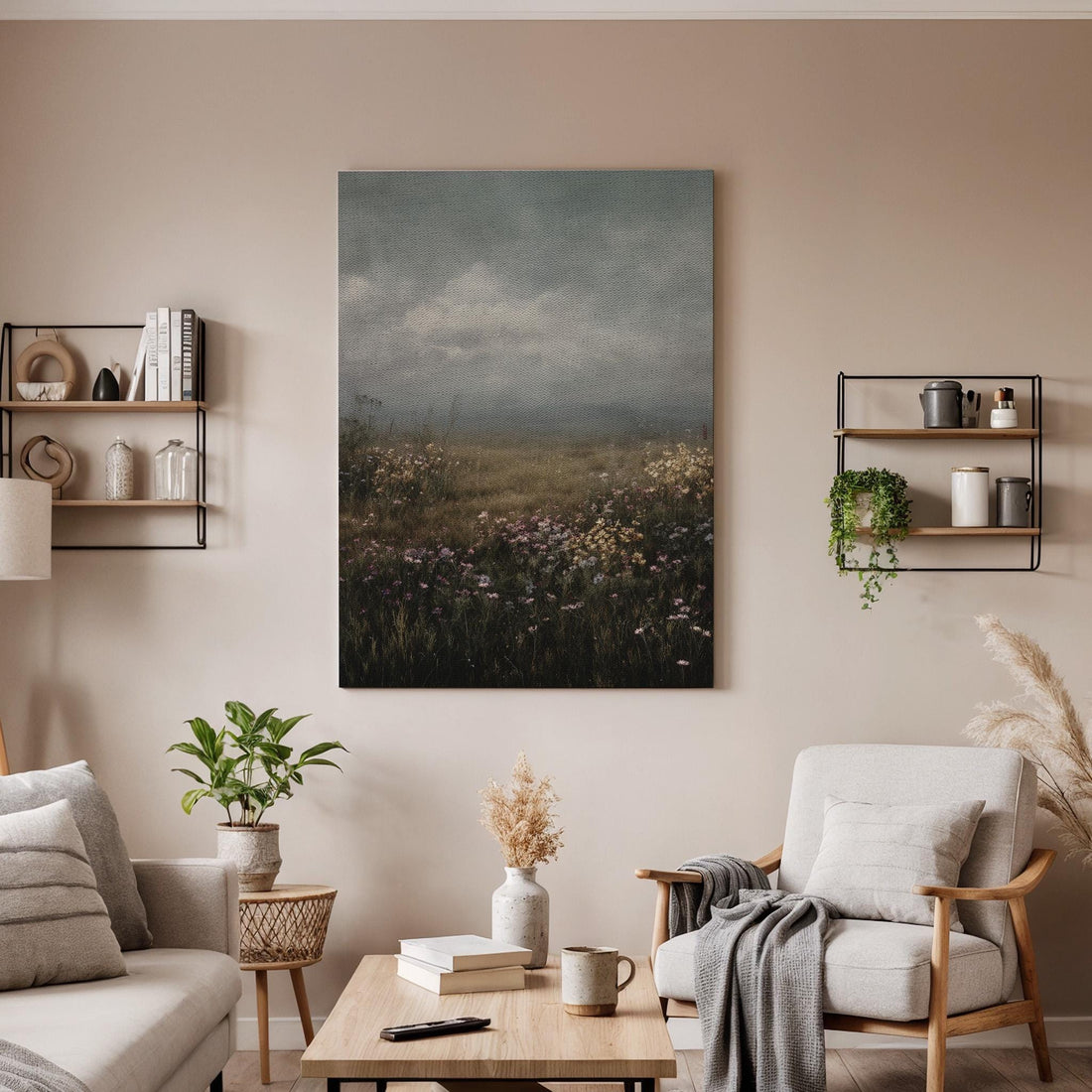 Moody Wildflower Meadow Canvas Wall Art, Atmospheric Landscape Canvas Decor, Foggy Field Nature Artwork, Rustic Wall Decor, New Home Gift