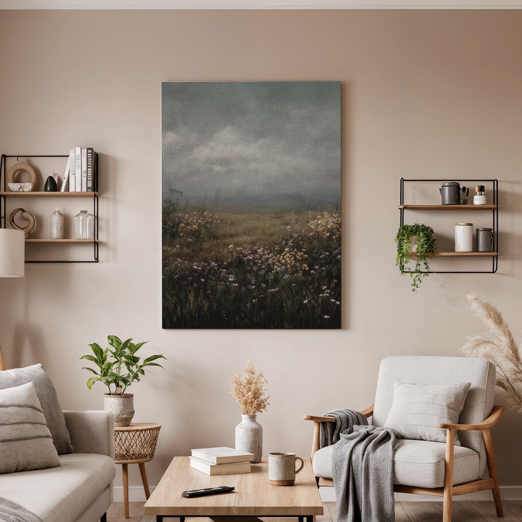 Moody Wildflower Meadow Canvas Wall Art, Atmospheric Landscape Canvas Decor, Foggy Field Nature Artwork, Rustic Wall Decor, New Home Gift