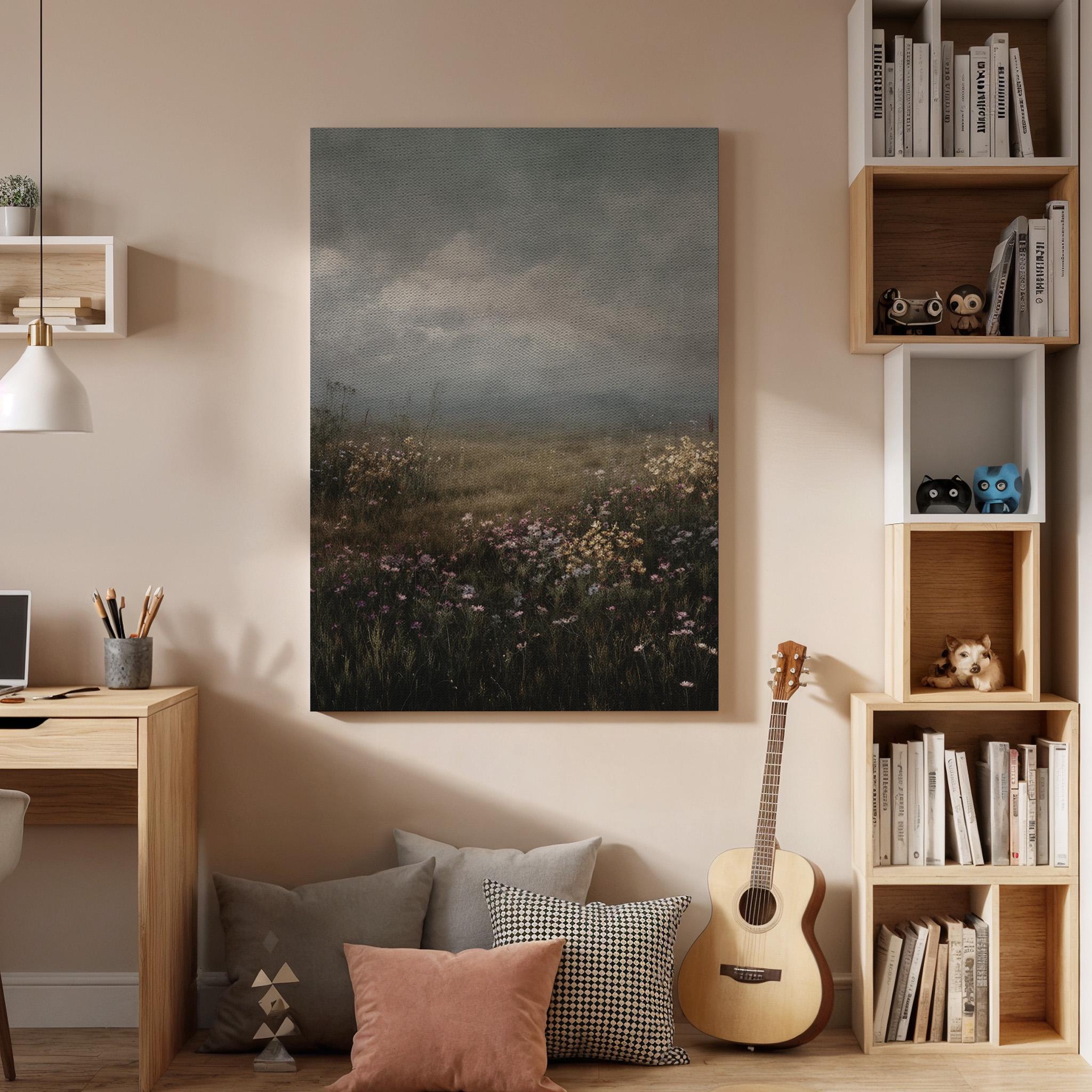 Moody Wildflower Meadow Canvas Wall Art, Atmospheric Landscape Canvas Decor, Foggy Field Nature Artwork, Rustic Wall Decor, New Home Gift