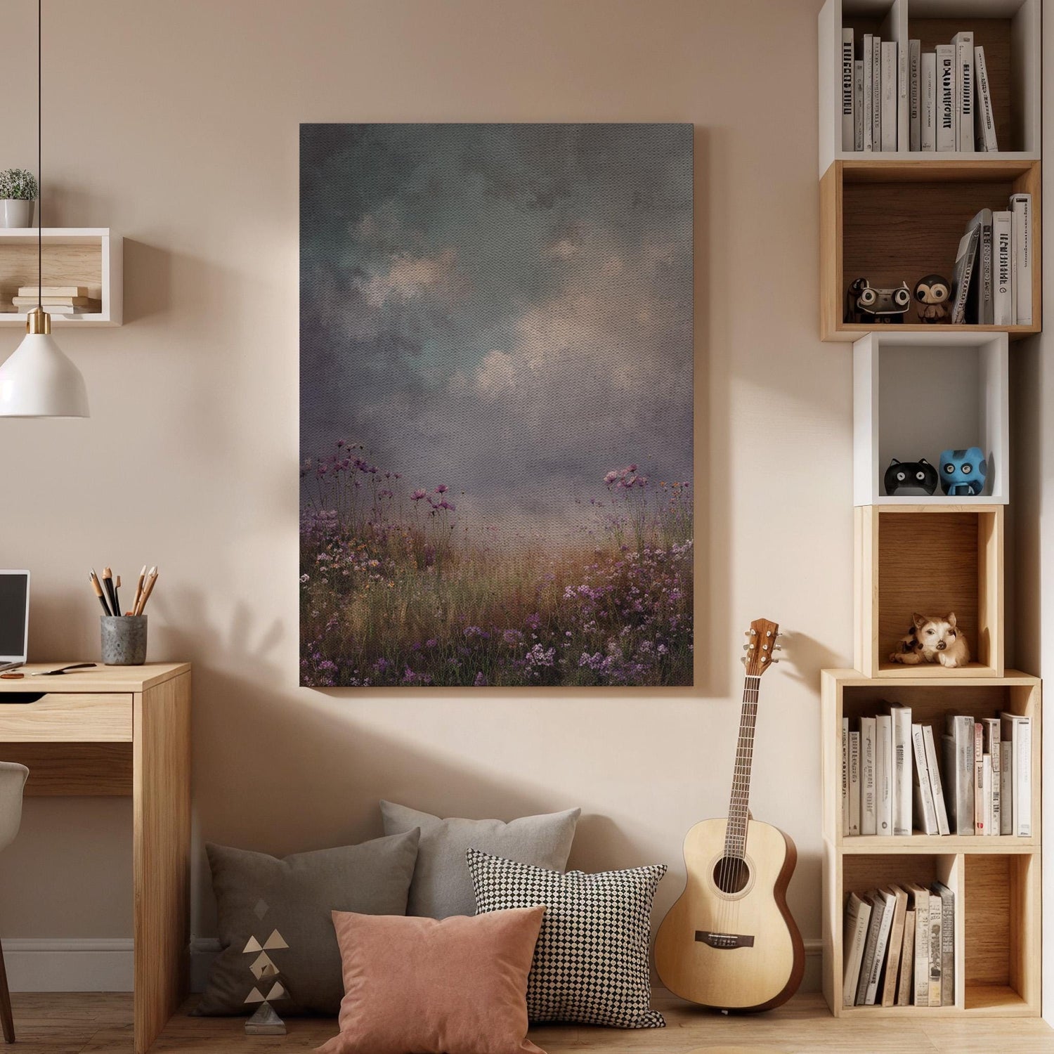 Moody Wildflower Meadow Canvas Wall Art, Dramatic Sky Landscape Canvas Decor, Rustic Field Nature Artwork, Atmospheric Wall Decor, Home Art