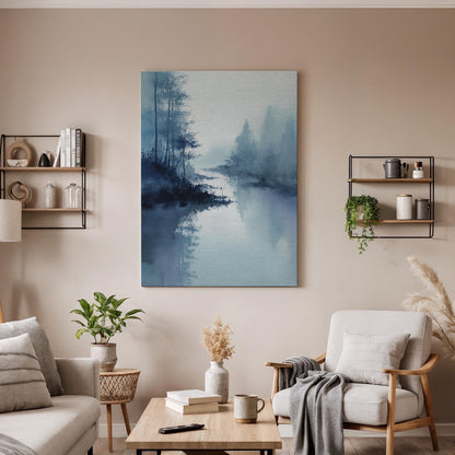 Misty Lake Landscape Canvas Wall Art, Minimalist Foggy Nature Canvas Decor, Blue Forest Lake Artwork, Calm Scenic Wall Decor, New Home Gift