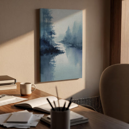 Misty Lake Landscape Canvas Wall Art, Minimalist Foggy Nature Canvas Decor, Blue Forest Lake Artwork, Calm Scenic Wall Decor, New Home Gift