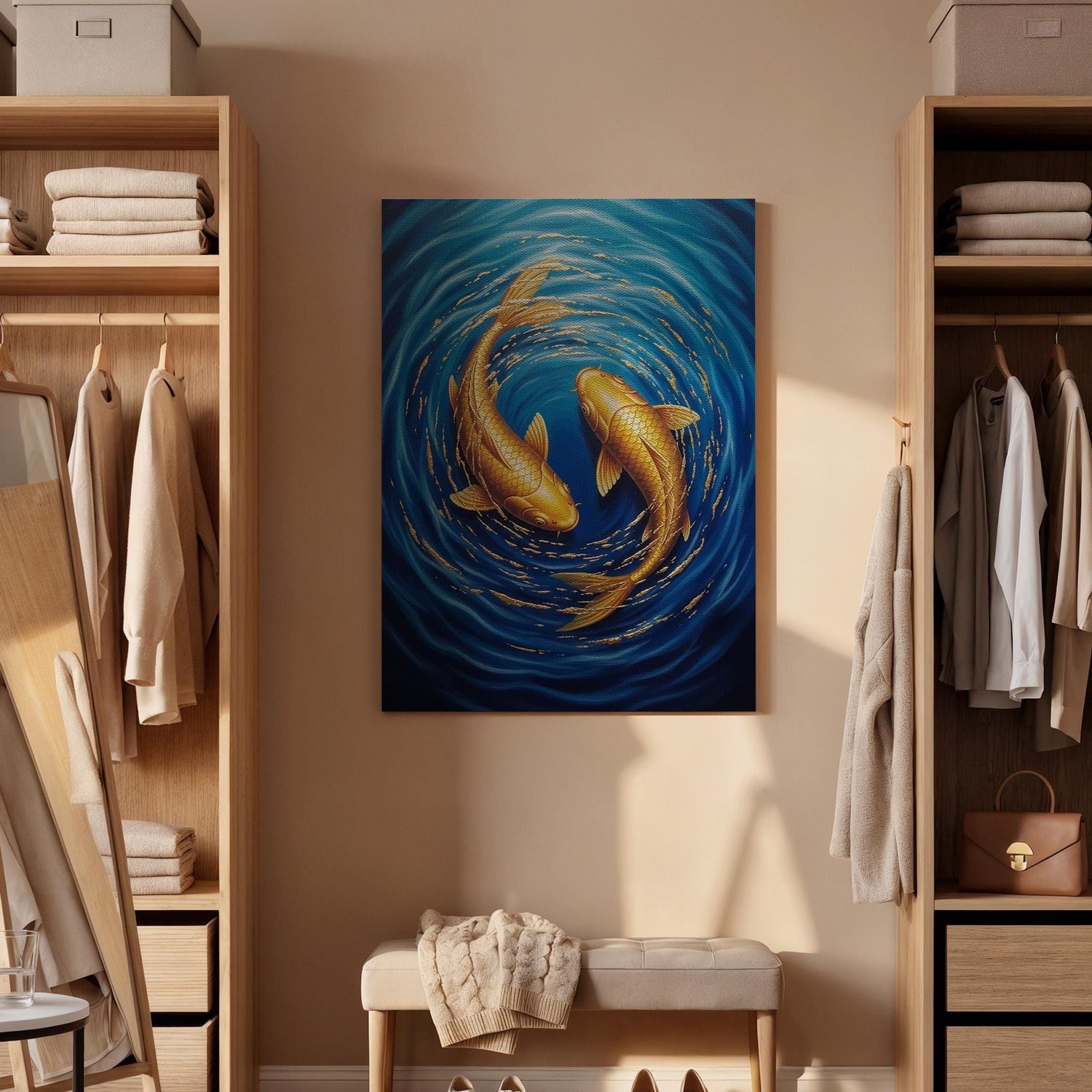 Golden Koi Fish Canvas Wall Art, Yin Yang Koi Canvas Decor, Japanese Style Fish Artwork, Zen Water Art for Living Room, Canvas Wall Decor