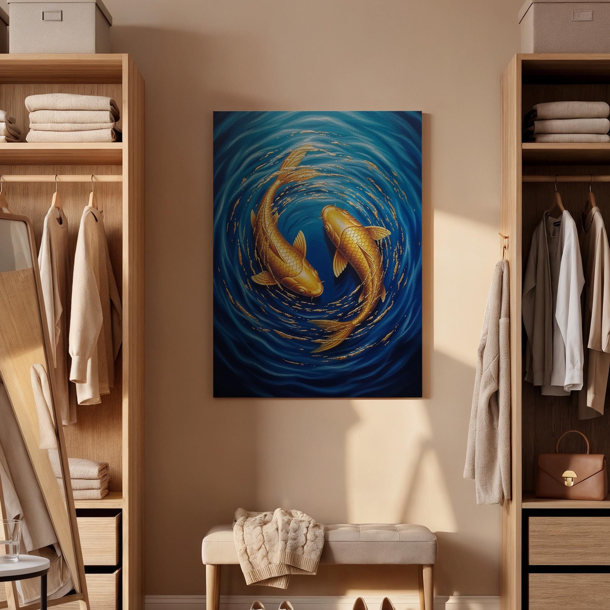 Golden Koi Fish Canvas Wall Art, Yin Yang Koi Canvas Decor, Japanese Style Fish Artwork, Zen Water Art for Living Room, Canvas Wall Decor