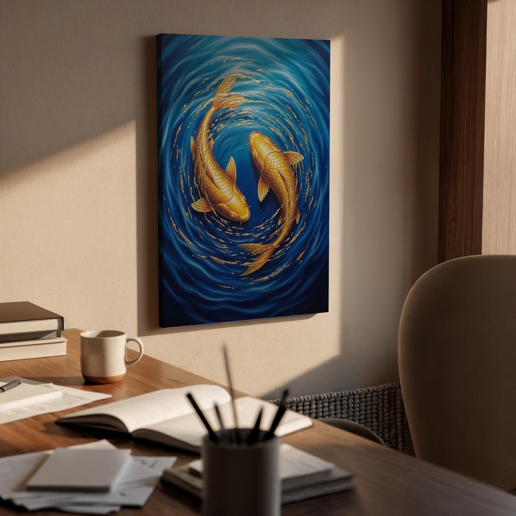 Golden Koi Fish Canvas Wall Art, Yin Yang Koi Canvas Decor, Japanese Style Fish Artwork, Zen Water Art for Living Room, Canvas Wall Decor