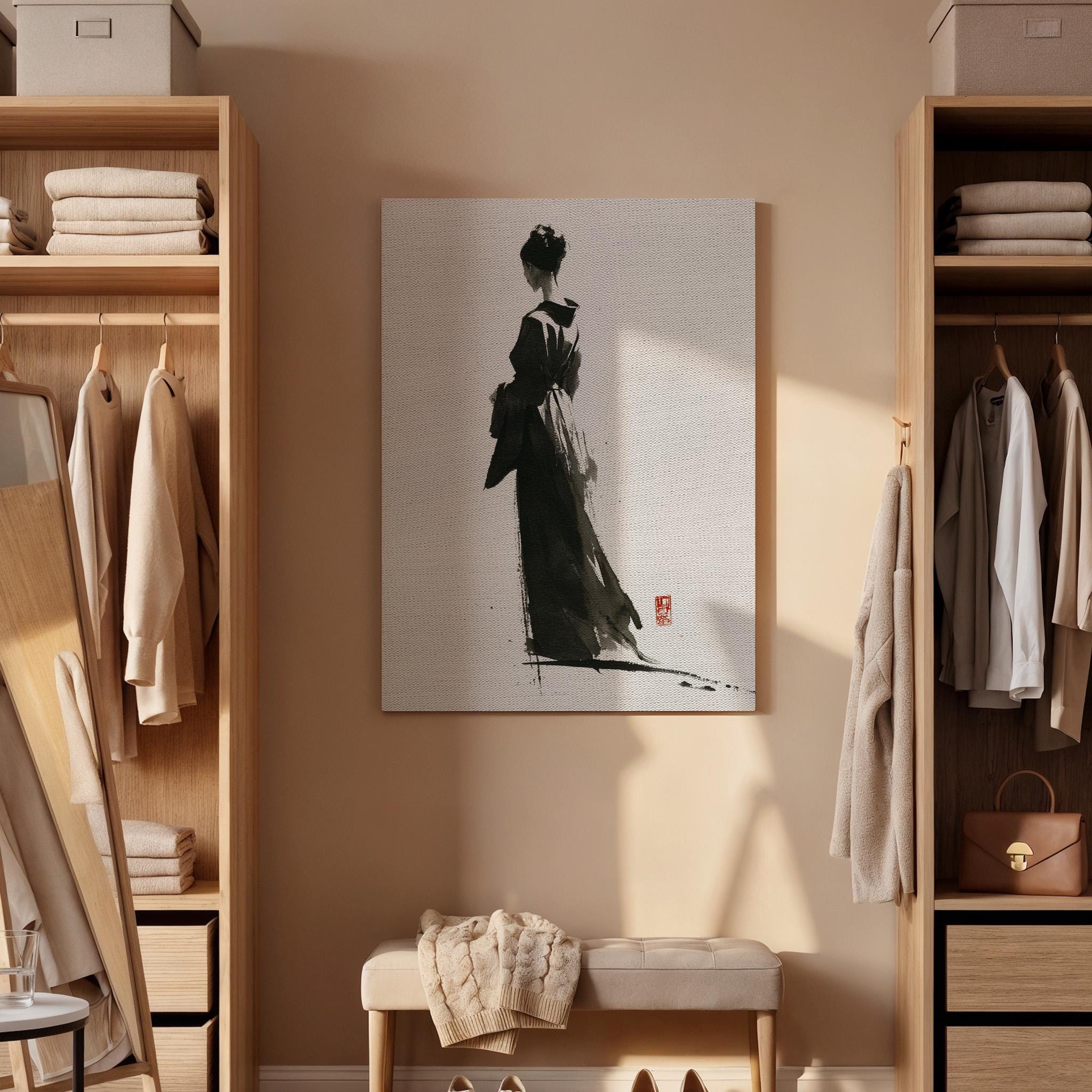 Japanese Ink Woman Canvas Wall Art, Minimalist Samurai Lady Painting, Traditional Asian Brush Art Decor, Zen Black White Canvas, Home Art