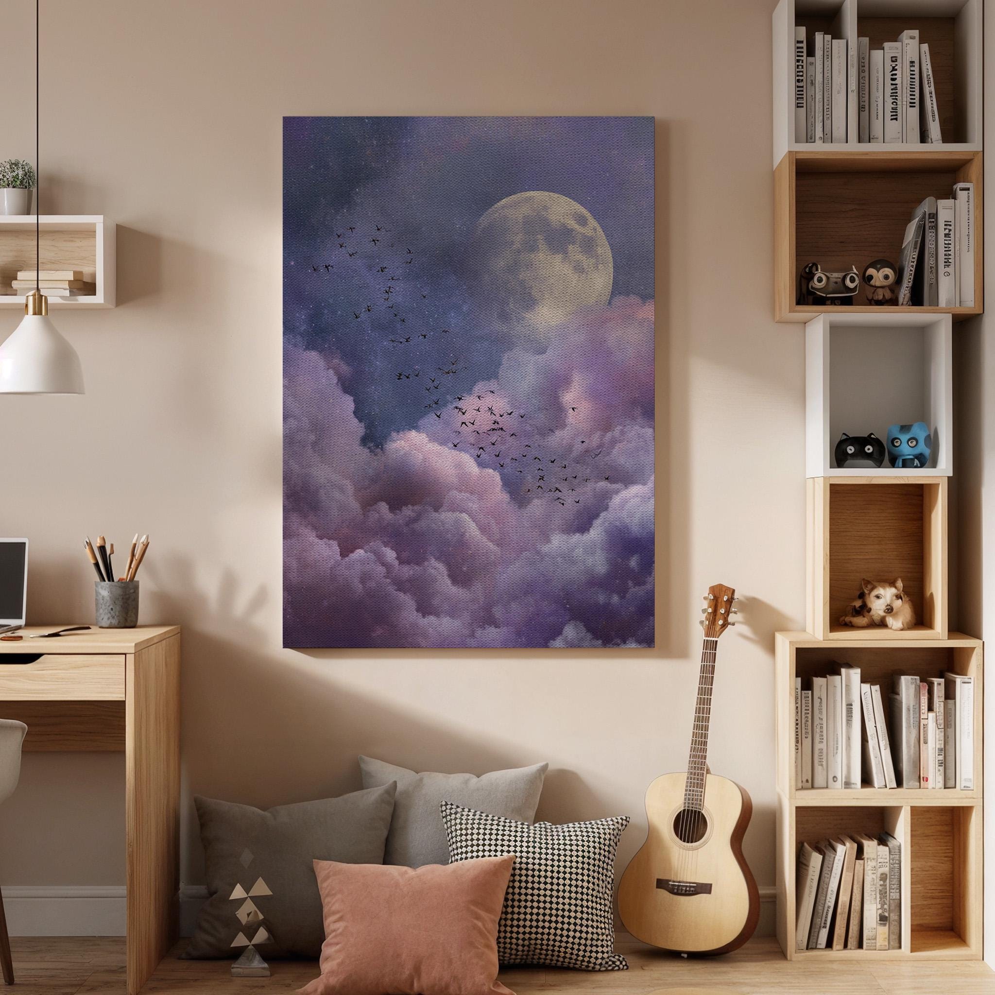 Moon Cloud Canvas Wall Art, Dreamy Night Sky Canvas Decor, Purple Cloudscape Moon Painting, Surreal Celestial Wall Art, Canvas Wall Art