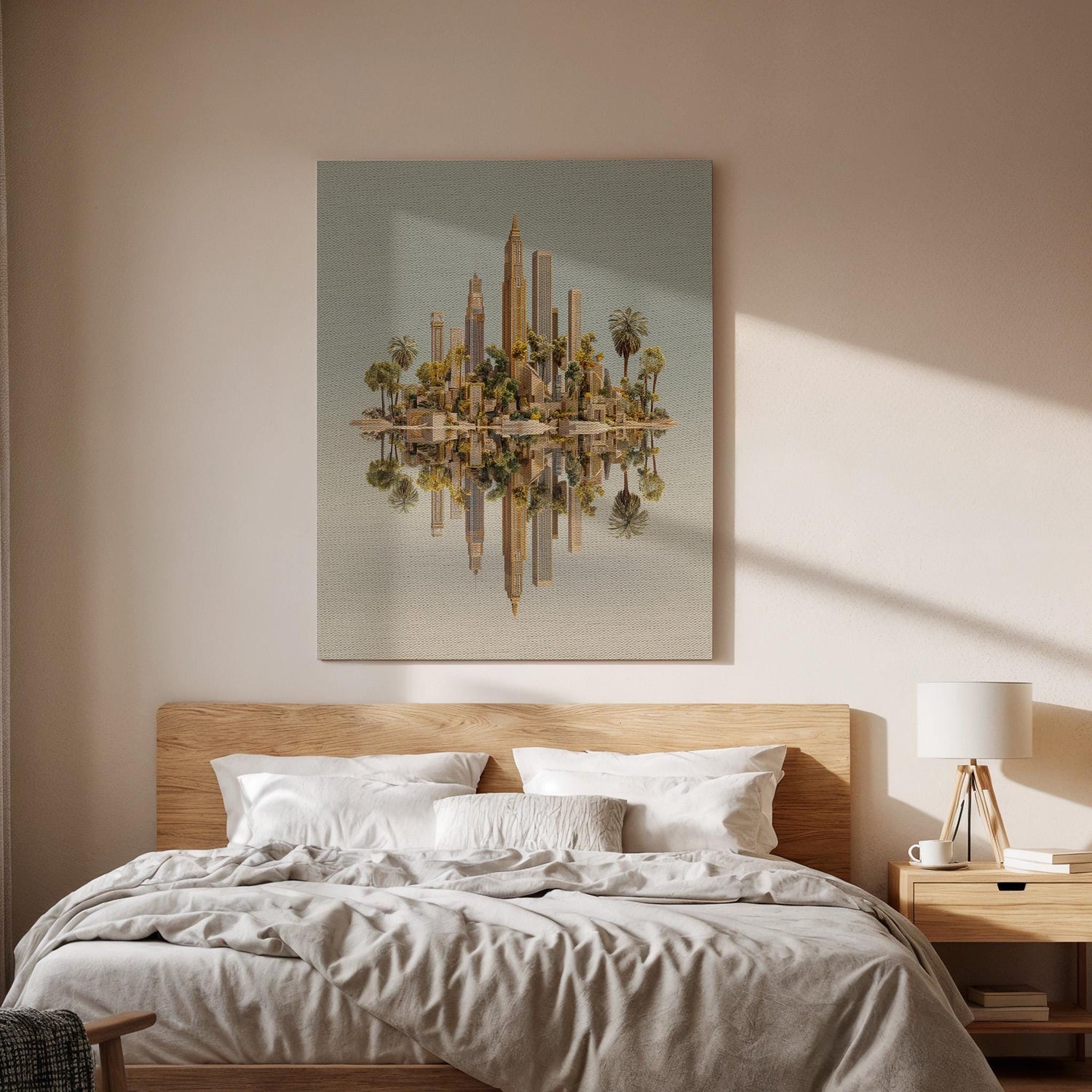 Floating City Canvas Wall Art, Surreal Island Skyline Canvas Decor, Modern Golden Cityscape Artwork, Fantasy Architecture Wall Art
