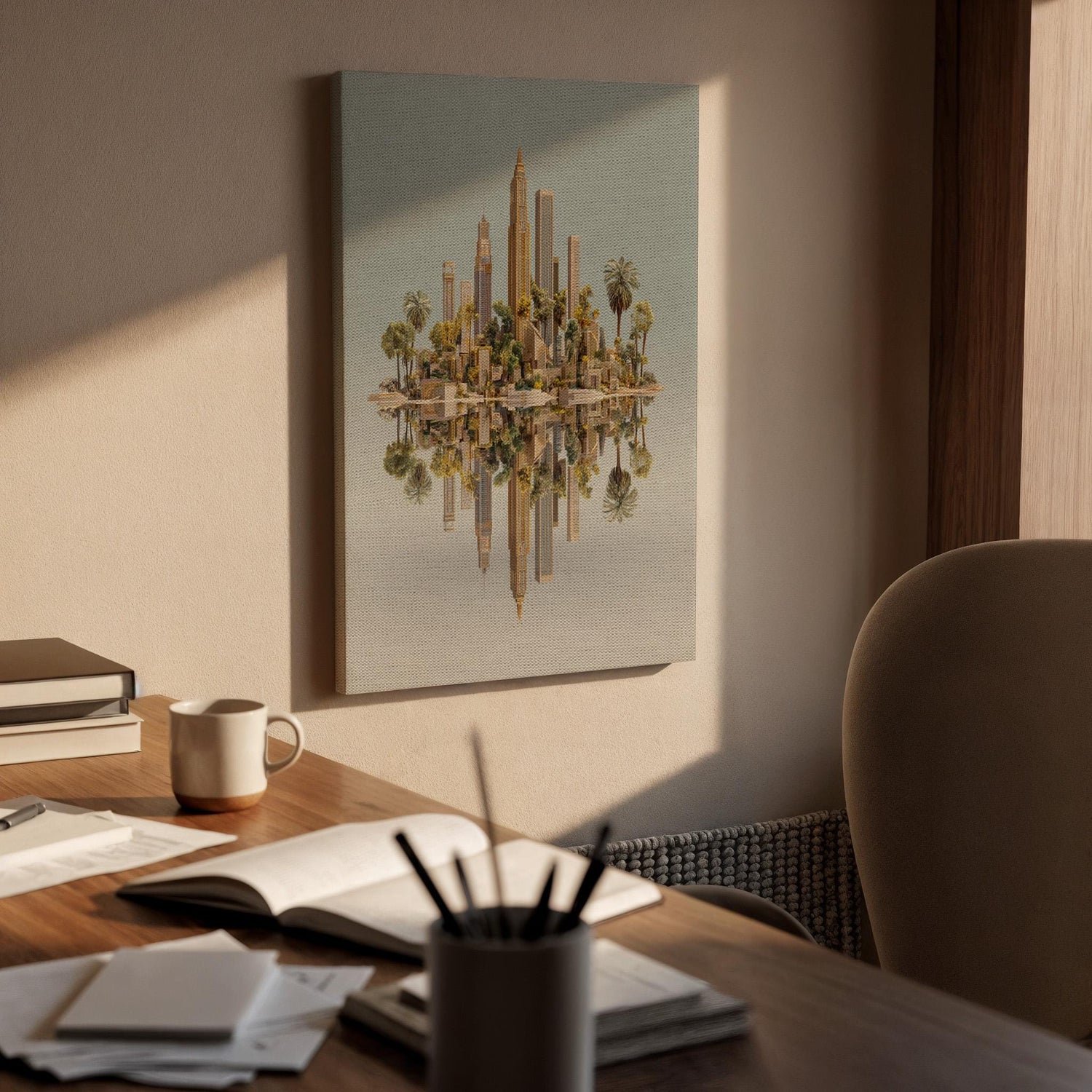 Floating City Canvas Wall Art, Surreal Island Skyline Canvas Decor, Modern Golden Cityscape Artwork, Fantasy Architecture Wall Art