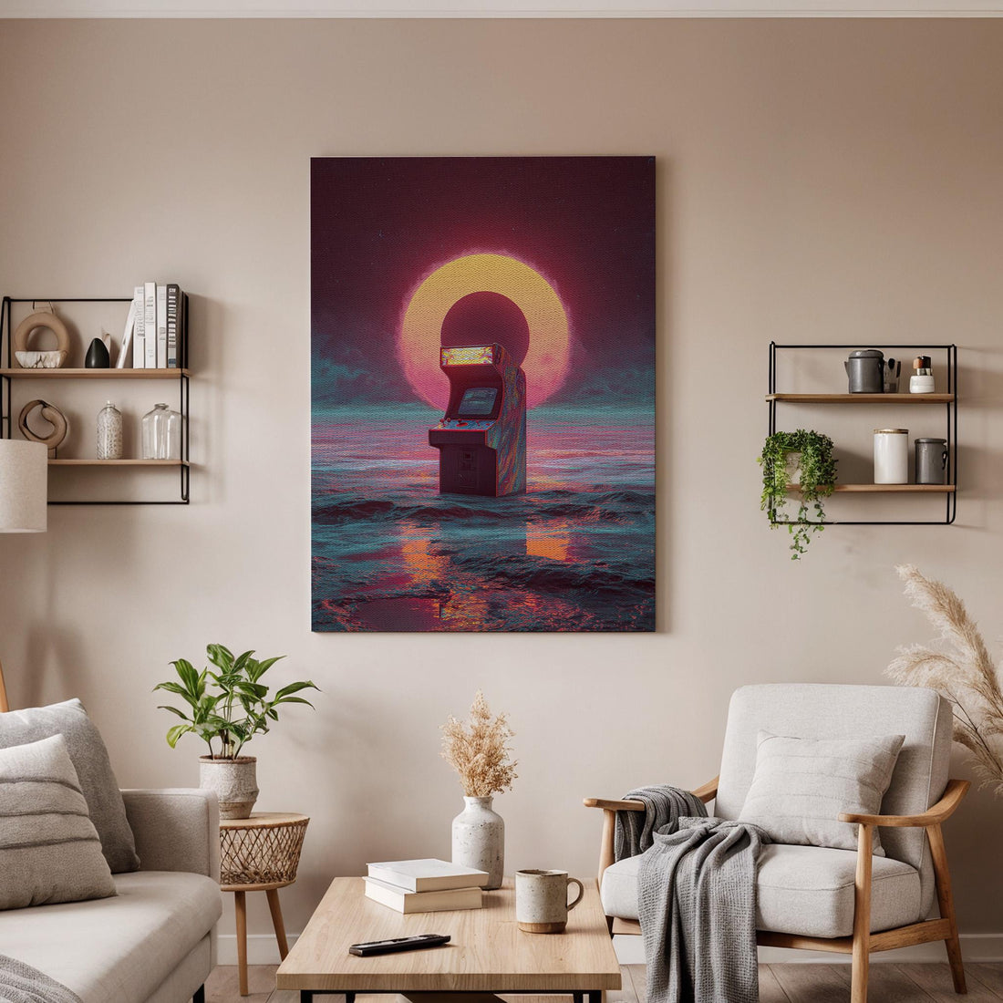 Retro Arcade Machine Canvas Wall Art, Synthwave Sunset Gaming Canvas Decor, Vaporwave Ocean Arcade Artwork, 80s Neon Gamer Wall Art