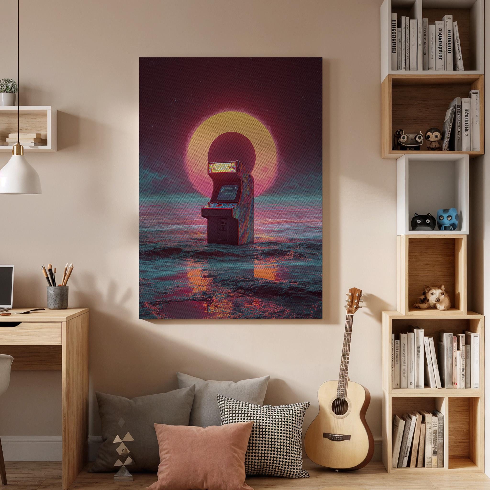Retro Arcade Machine Canvas Wall Art, Synthwave Sunset Gaming Canvas Decor, Vaporwave Ocean Arcade Artwork, 80s Neon Gamer Wall Art